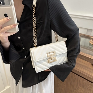Chic white V-quilted small square bag with golden chain strap and geometric metal buckle