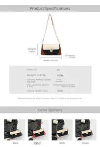 Size chart and dimensions for the two-tone baguette shoulder bag in PU leather