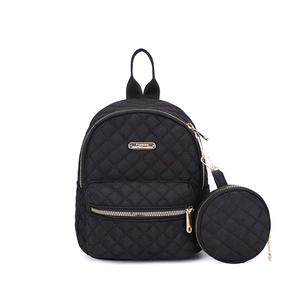 Minimalist black quilted oxford nylon backpack with matching round coin purse for women