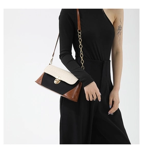 Detail of elegant tri-color shoulder bag with gold metal clasp and chain strap