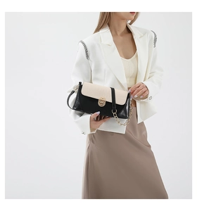 Detail of color-block baguette bag with crocodile texture and gold twist lock