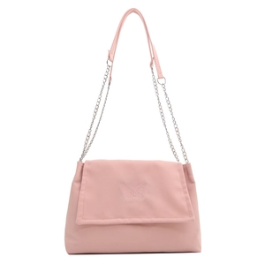 Pink shoulder bag with butterfly embroidery and silver chain strap for spring fashion