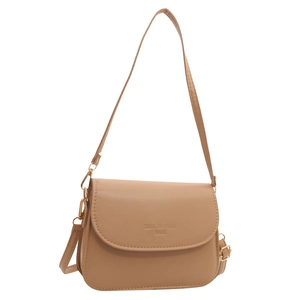 Brown leather minimalist crossbody square bag with gold buckle and adjustable strap