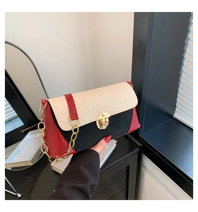 Detail of tricolor baguette bag with crocodile pattern flap and golden metal clasp