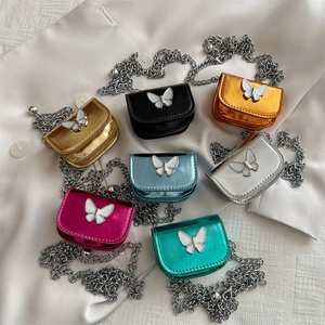 Mini glossy lipstick cross-body bags with butterfly decor and silver chain straps