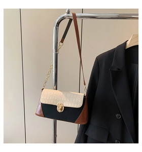 Detail of elegant baguette bag with chain strap and gold twist-lock on a metal hanger