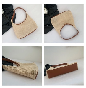 Detailed four-way view of the beige woven hobo bag with contrast brown leather trim