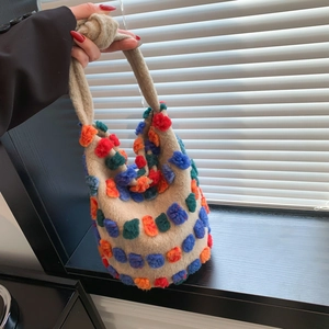 Colorful Pom-pom Nylon Bucket Bag For Women Cute Knitted Texture Tufted Crossbody Bag Fashion Khaki Shoulder Bag For Travel