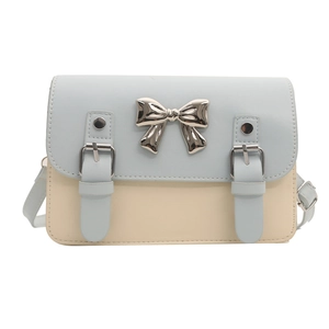 Sac bandoulière bleu et beige avec nœud argenté et bandoulière réglable pour femme