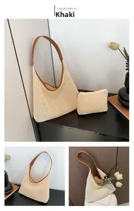Detail of khaki woven tote bag set with brown leather straps and matching pouch