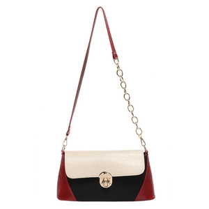 Three-color contrast chain baguette bag in white crocodile pattern with gold lock