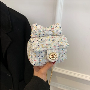 Bunte Tweed-Umhängetasche für Mädchen mit Schleifenverzierung und Goldkette