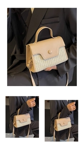 Detail of straw patchwork handbag featuring beige leather trim and a top handle
