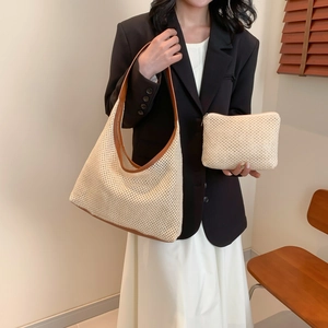 Chic woven tote bag set with crescent shoulder bag and leather trim detail