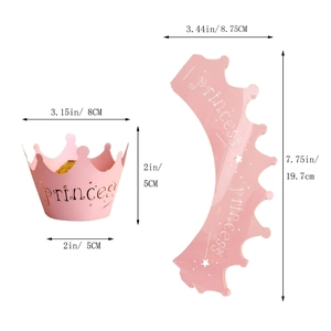 Pink princess crown cupcake wrappers with gold lettering and detailed size measurements
