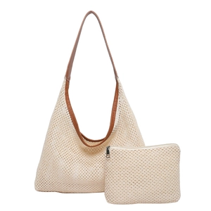 Two-piece woven tote bag set with large capacity and brown leather straps in beige