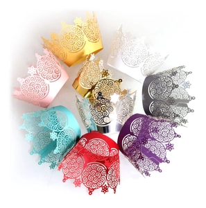 Laser-cut hollow silver lace cake border and paper crown decorations in multiple colors