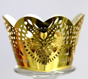 Laser-cut gold heart cupcake liners for weddings with elegant hollow-out butterfly patterns