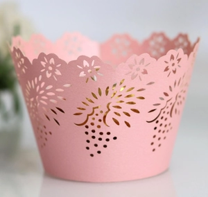 Pink laser-cut cupcake wrappers with grape flower lace for wedding dessert decoration