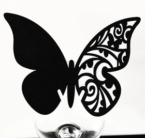 3D laser-cut black butterfly cup cards with floral hollow patterns for wedding decor