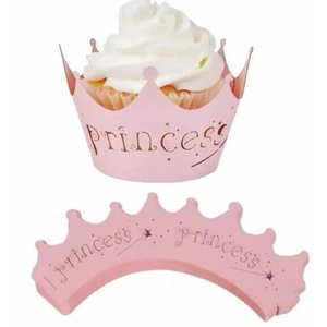 Pink princess crown laser-cut cupcake wrappers featuring star details and text