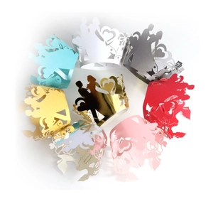 Laser cut wedding cupcake wrappers with bride and groom silhouettes in multiple colors