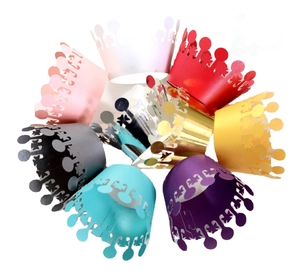 Lace hollow cupcake wrappers with crown design in multiple colors for cake decoration
