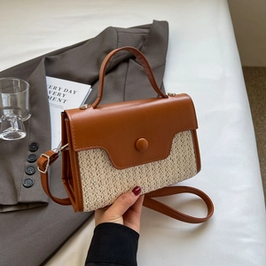 Women's Patchwork PU Leather Woven Straw Small Square Bag Fashion Crossbody Shoulder Handbag Summer Casual Mori Style Daily Bag