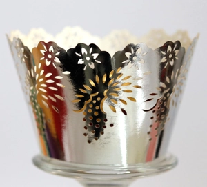 Laser cut silver cupcake wrapper with elegant floral vine hollow design for party decor