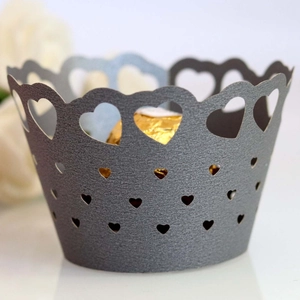 Elegant dark grey metallic cupcake wrapper with laser-cut heart pattern for weddings