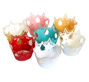 Laser cut hollow star crown cupcake wrappers in multiple metallic colors for party cake decor