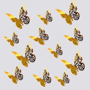 Lot de 12 stickers muraux papillon 3D évidés dorés avec effet miroir brillant