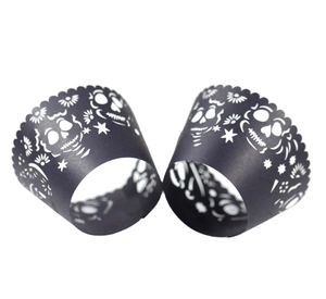 Halloween black laser-cut skull cupcake wrappers with intricate floral patterns