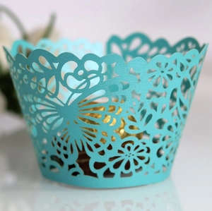 Tiffany blue laser-cut cupcake wrapper with butterfly lace and floral patterns