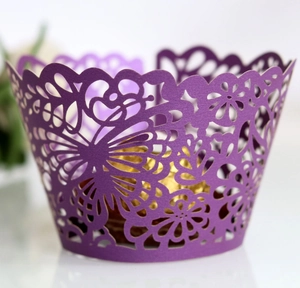 Elegant purple butterfly laser-cut cupcake wrapper with floral pattern decoration
