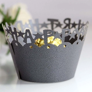 Laser-cut grey cupcake wrapper with Happy Birthday lettering and star detail