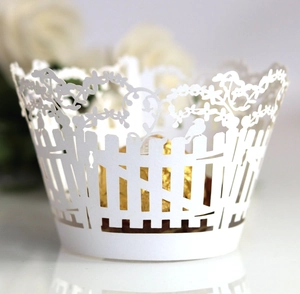 Laser cut white cupcake wrapper with fence and bird design for wedding party decor