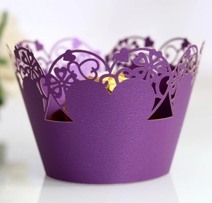 Purple laser cut cupcake wrapper with heart floral lace and pearl finish texture