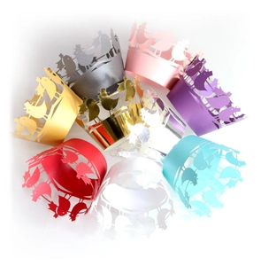 Laser cut bird design cupcake wrappers in eight vibrant pearlized colors for weddings