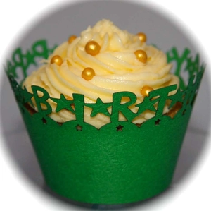Laser cut green paper cupcake wrapper with BEAR letter cutouts for party decor