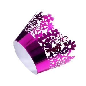 Magenta metallic cupcake wrapper with laser-cut floral hollow design for wedding parties