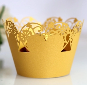Golden hollow heart lace cupcake wrappers laser cut pearlescent paper for wedding party