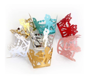 Laser-cut heart cupcake wrappers in multiple metallic colors for Valentine's Day decor