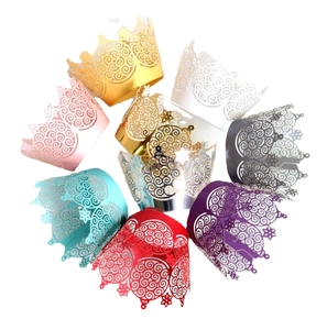 Laser-cut crown lace cupcake wrappers in gold, silver and various metallic colors