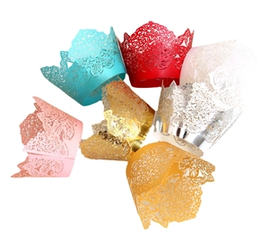 Laser-cut leaf hollow lace cupcake wrappers in assorted pearlescent paper colors