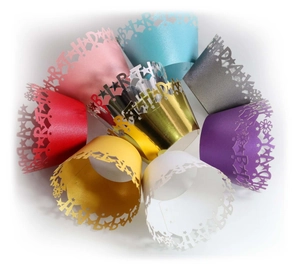 Laser cut Happy Birthday cupcake wrappers in assorted glittery pearlescent colors
