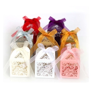 Laser cut floral wedding favor boxes in multiple colors with elegant organza ribbons