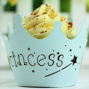 Light blue princess crown cupcake wrapper with stars and magic wand print