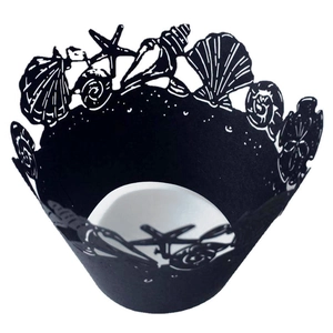 Hollow black ocean themed cupcake wrappers with laser cut starfish and seashell patterns