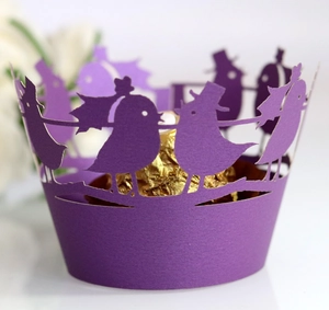 Deep purple laser-cut cupcake wrappers with love bird pattern for wedding party decor